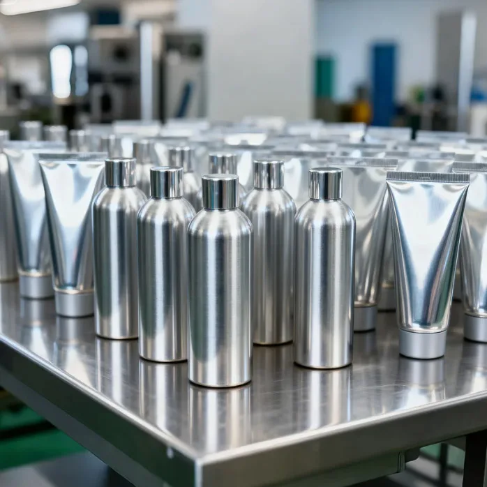 Envasado de botellas de aluminio en un taller de fábrica profesional, botellas ligeras y duraderas con diseño exprimible respetuoso con el medio ambiente para productos farmacéuticos, cosméticos y soluciones de envasado OEM ODM para el sector sanitario.