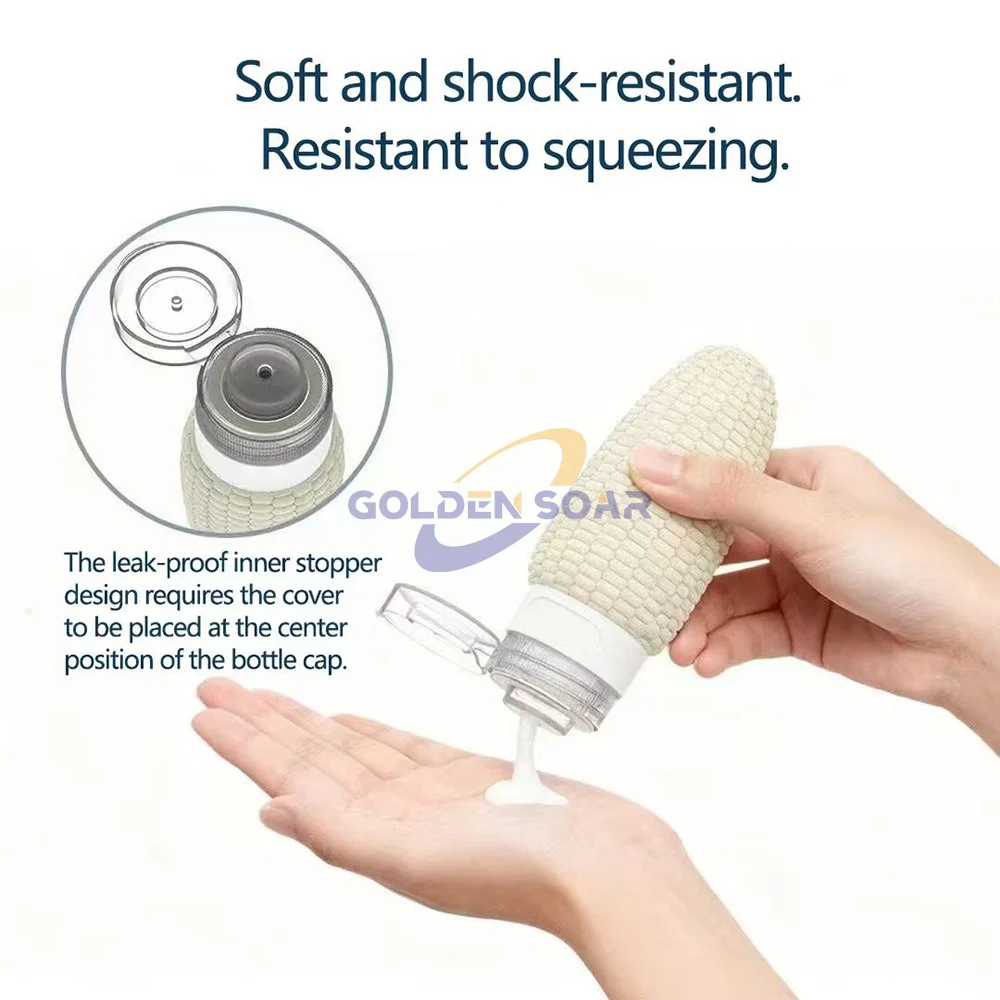 Close-up of the leak-proof travel containers showing the inner stopper design and squeezable silicone body