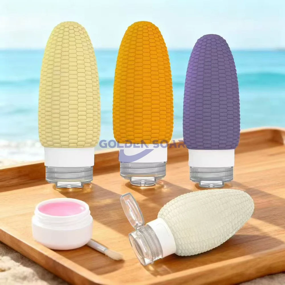 Four colorful corn portioning bottles in purple, light yellow, and orange showing a textured corn-cob design