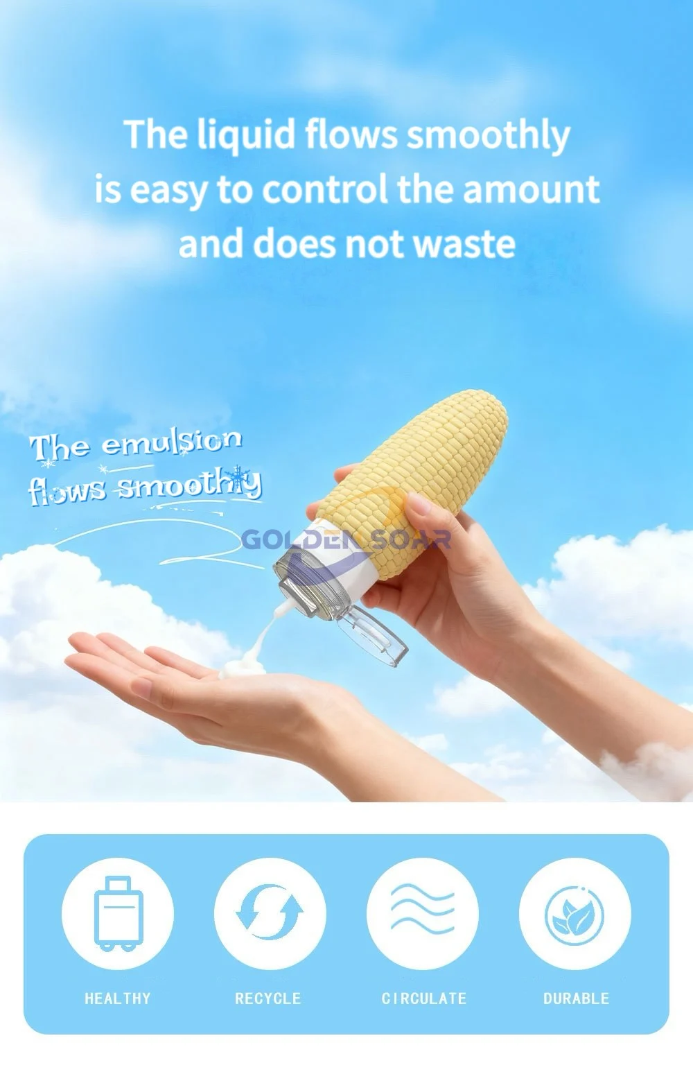 Demonstration of liquid flowing smoothly from a squeezable corn portioning bottle to control the amount